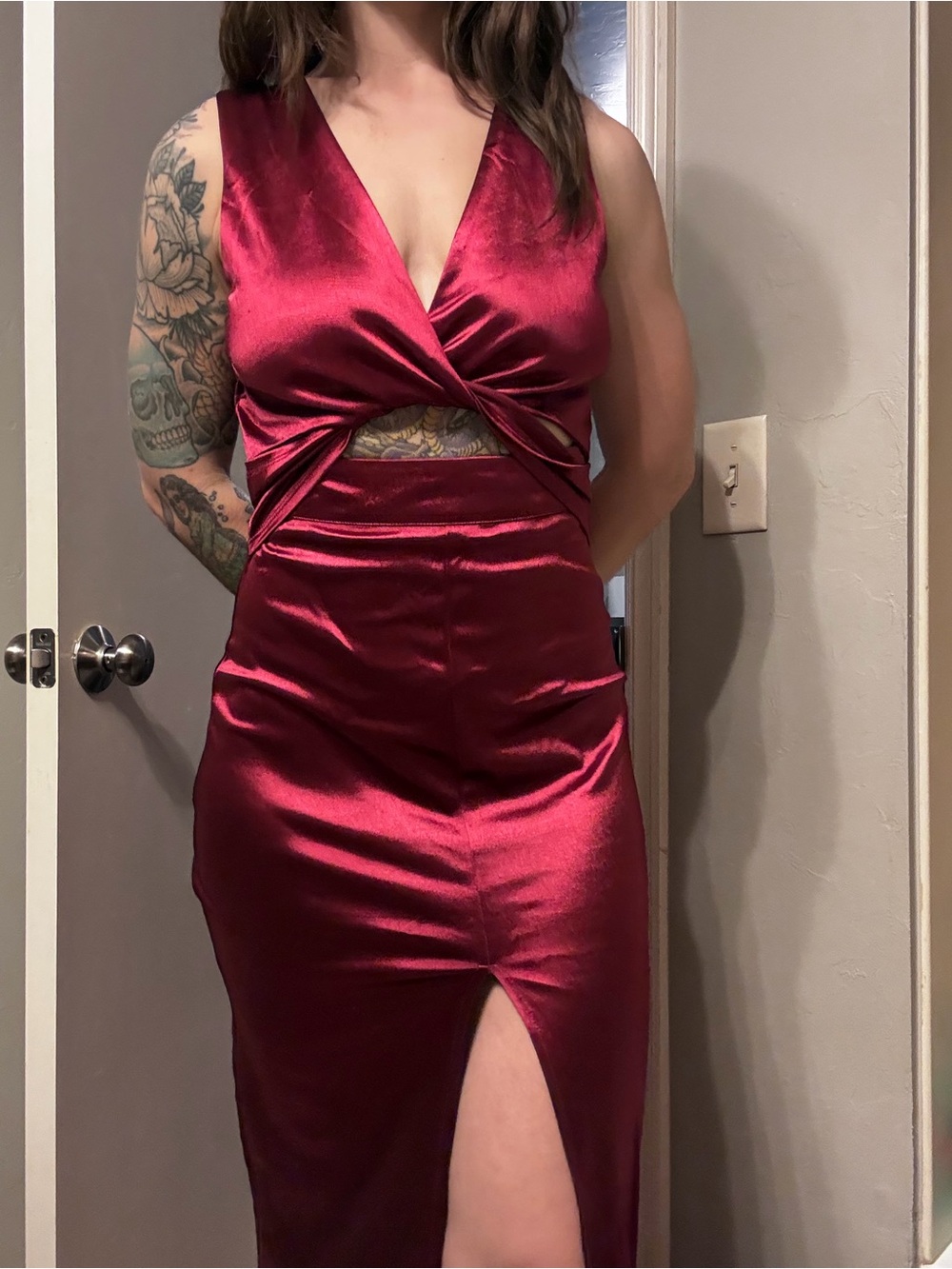 Lush Satin Twist-Cut Burgundy Evening Dress